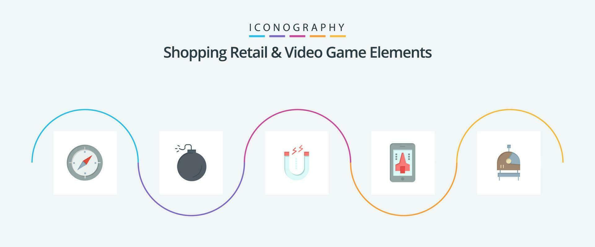 shoping detaljhandeln och video spel element platt 5 ikon packa Inklusive Plats. astronaut. locka till sig. smartphone. spelar vektor
