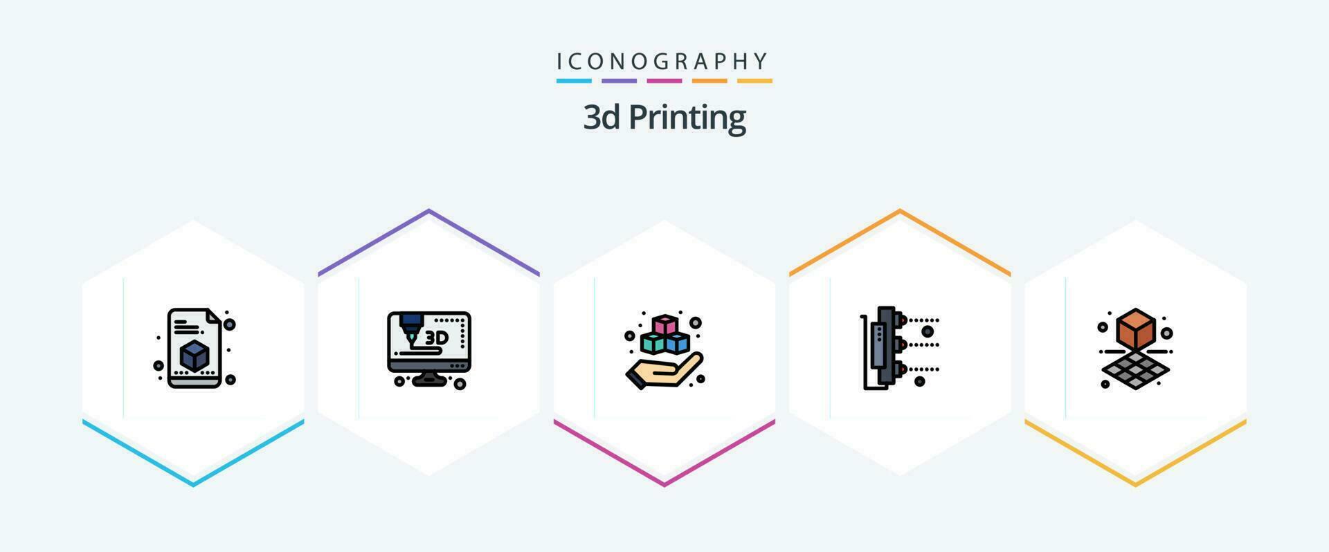 3d Drucken 25 gefüllte Linie Symbol Pack einschließlich Würfel. Scanner. Drucken. Maschine. Fabrik vektor