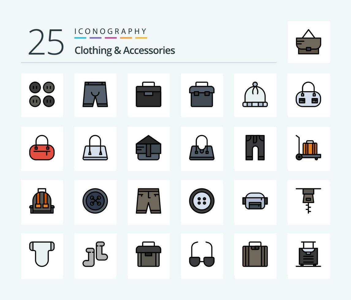 Kläder och Tillbehör 25 linje fylld ikon packa Inklusive väska. väska. låda. ha på sig. hatt vektor