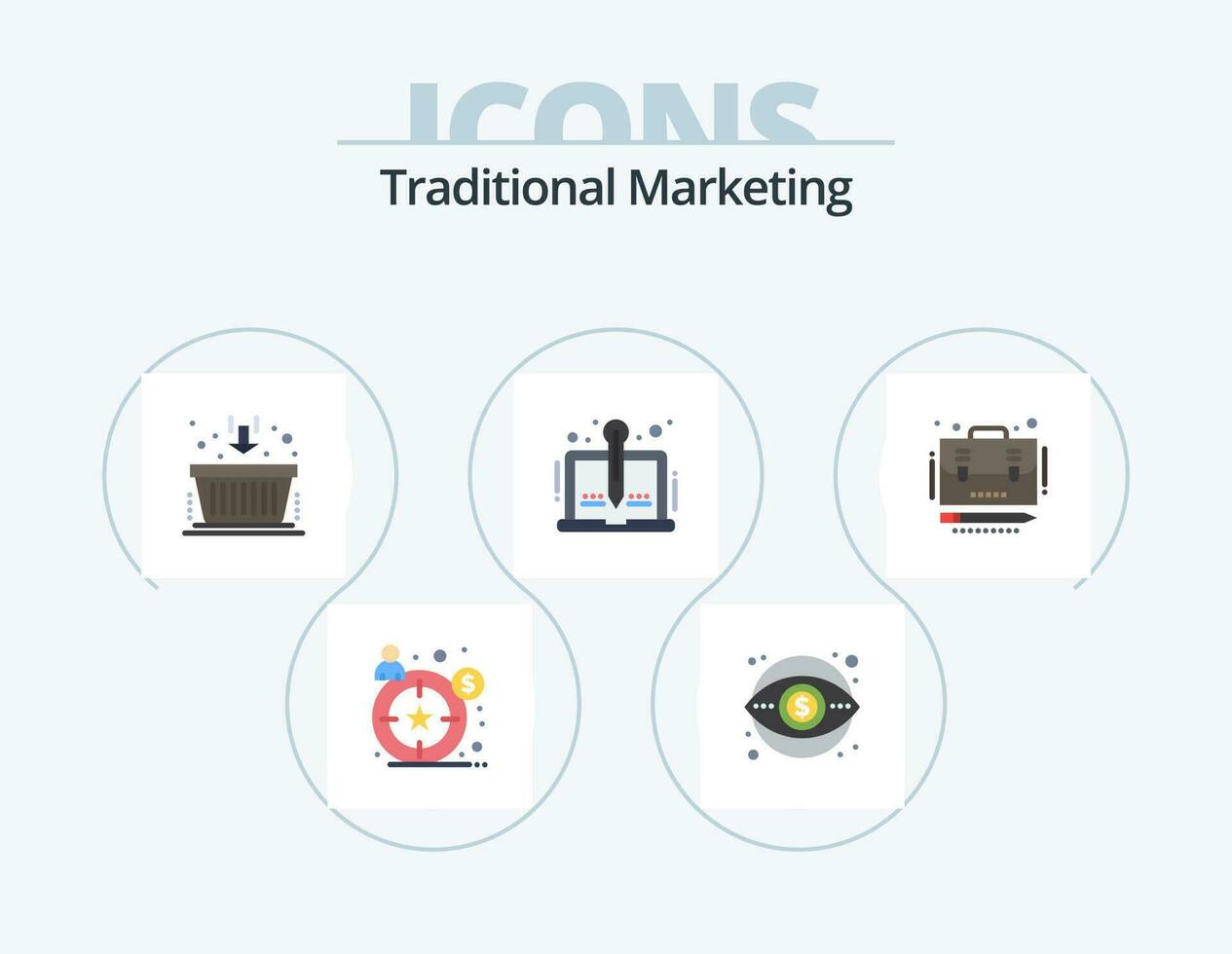 traditionell marknadsföring platt ikon packa 5 ikon design. företag. berättande. korg. berättelse. innehåll vektor