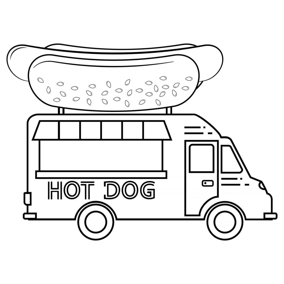 Imbisswagen. Street Food Truck mit Hot Dog auf dem Dach im Umrissstil. Vektor