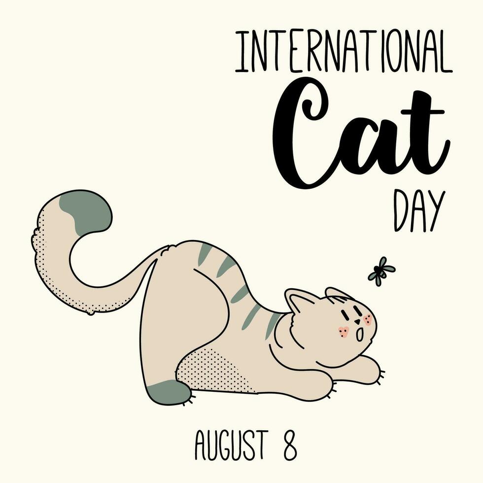 Postkarte zum das International Katze Tag auf August 8. glücklich International Katze Tag Zeichen Design Sammlung mit eben Farbe. Illustration mit Slogan zum kleiden, drucken, Banner, Abzeichen, Poster, Aufkleber vektor