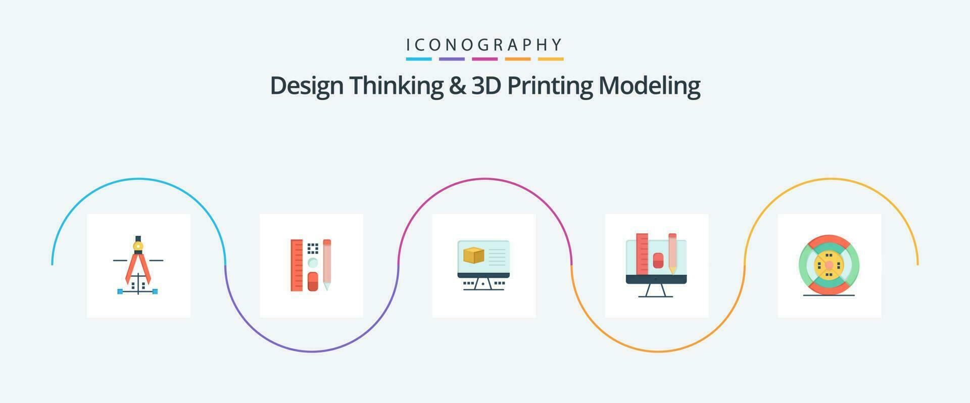 Design Denken und d Drucken Modellieren eben 5 Symbol Pack einschließlich Filament. Stift. Computer. Skala. Computer vektor