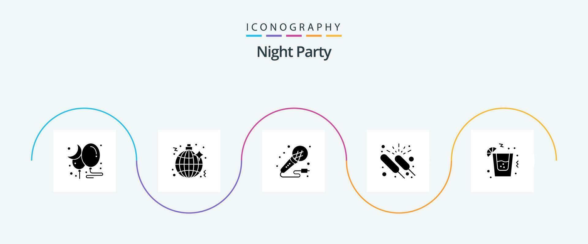 natt fest glyf 5 ikon packa Inklusive natt. fyrverkeri. mikrofon. händelse. natt vektor