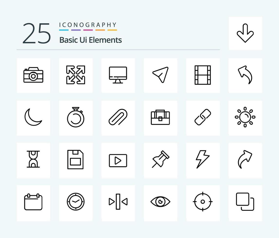 grundläggande ui element 25 linje ikon packa Inklusive filam. video. övervaka. dator. stift vektor