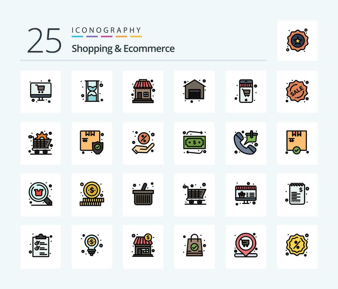 Einkaufen und E-Commerce 25 Linie gefüllt Symbol Pack einschließlich Einkaufen. Etikett. Geschäft. Abzeichen. Einkaufen vektor