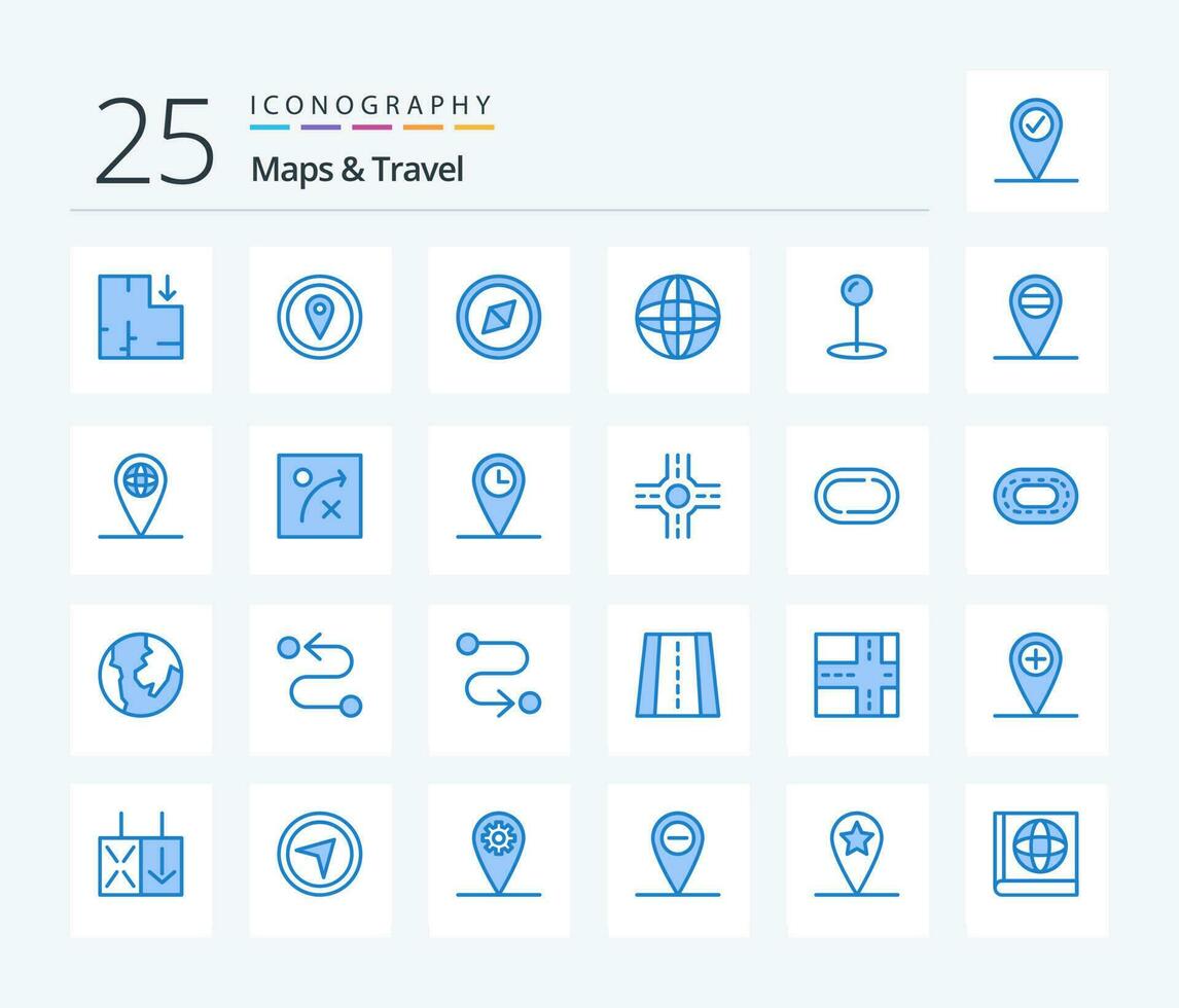 Karten und Reise 25 Blau Farbe Symbol Pack einschließlich Algorithmus. Globus. Pfeil. geo. Stift vektor
