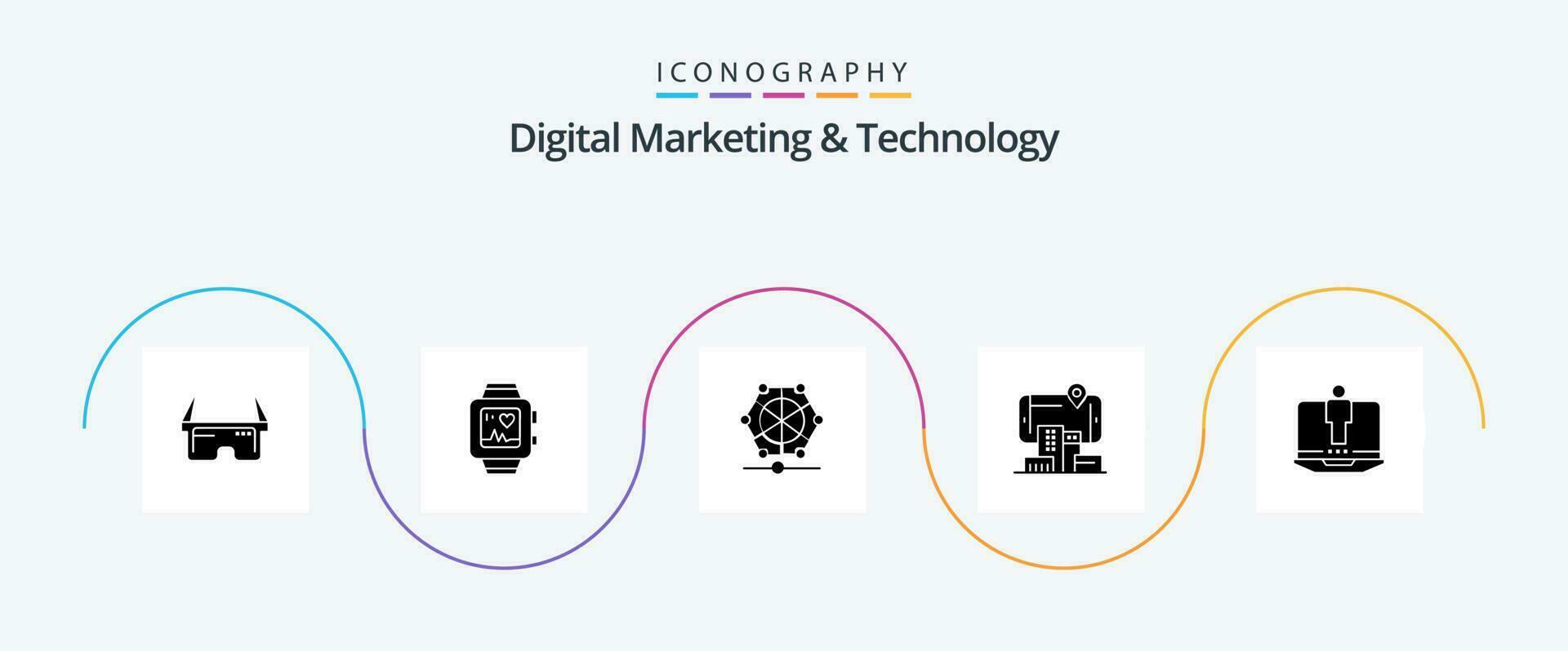 digital marknadsföring och teknologi glyf 5 ikon packa Inklusive dator. förstärkt. maskin. teknologi. verklighet vektor