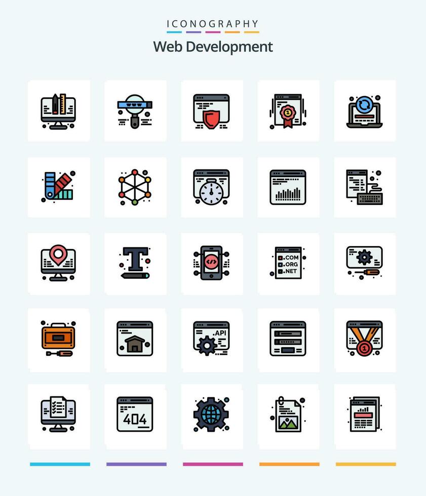kreativ webb utveckling 25 linje fylld ikon packa sådan som uppdatera. webb kvalitet. skydd. webb. bricka vektor