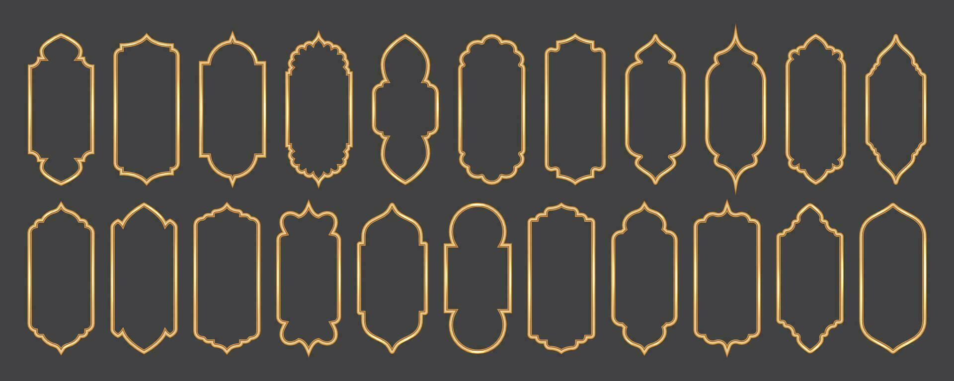 Ramadan Fenster Rahmen Formen. islamisch golden Bögen. Muslim Moschee Elemente von die Architektur mit Ornament. Türkisch Tore und Türen Satz. Vektor