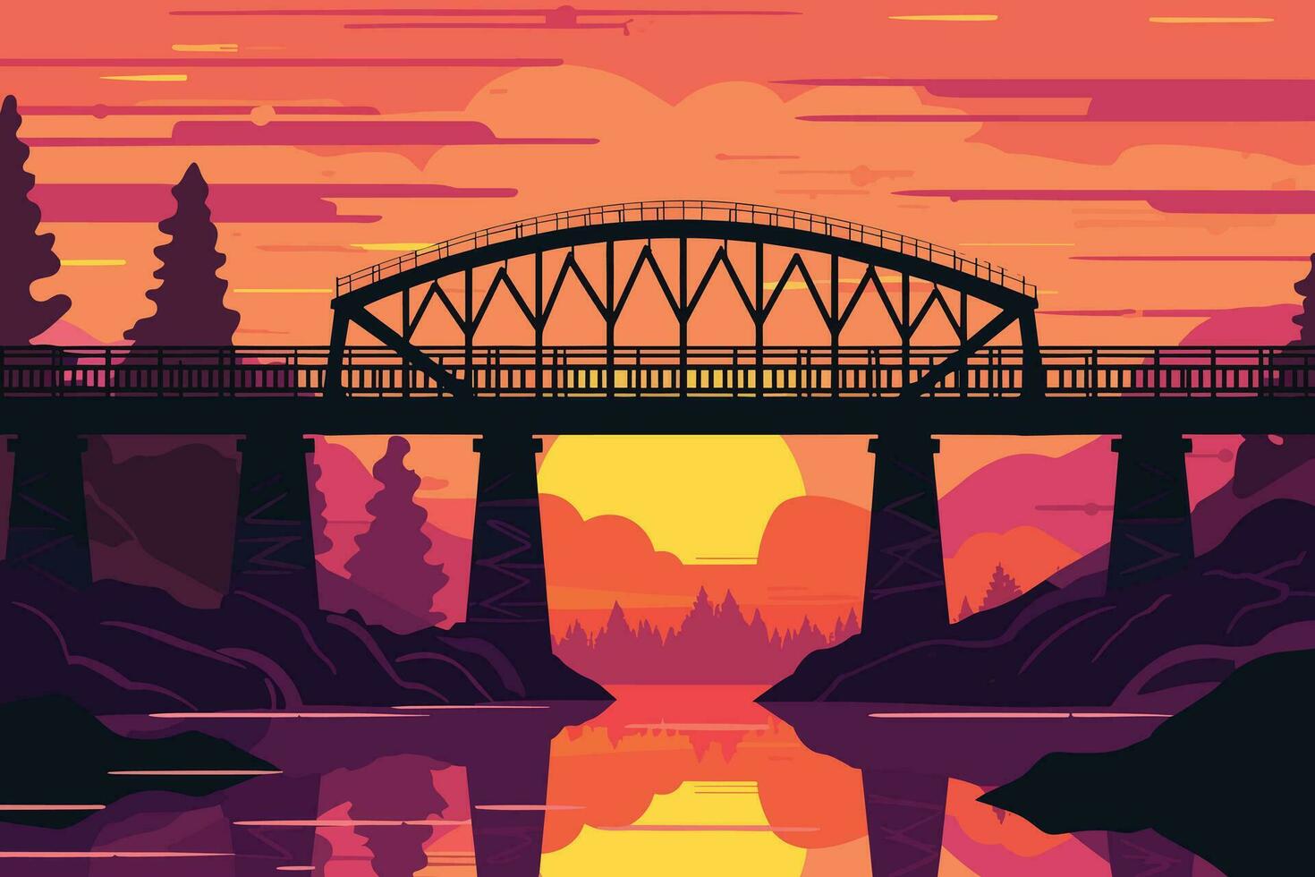 Eisenbahn Brücke auf Sonnenuntergang Vektor Illustration