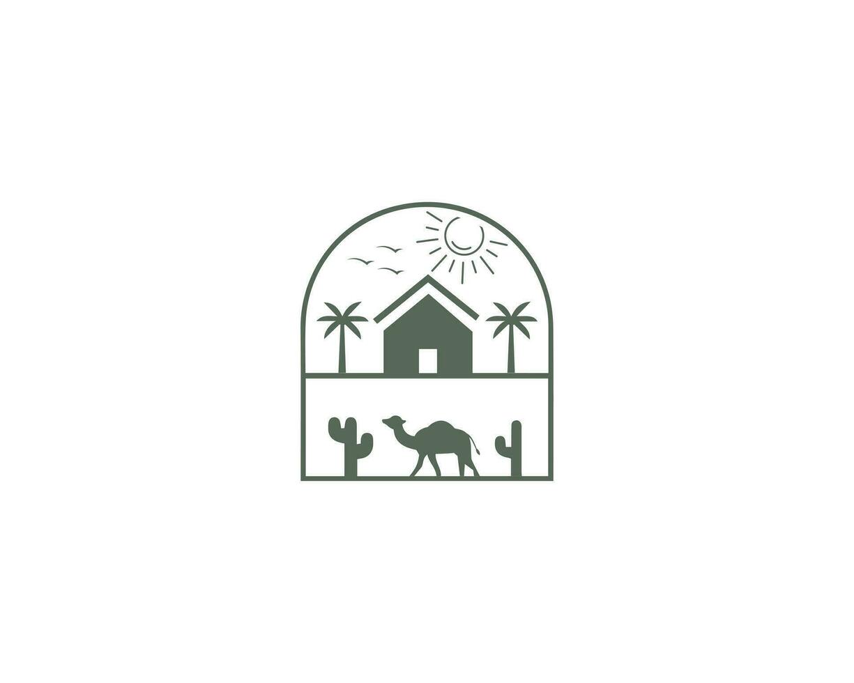 bruka hus med kamel årgång logotyp design och handflatan träd linje stil vektor ikon.