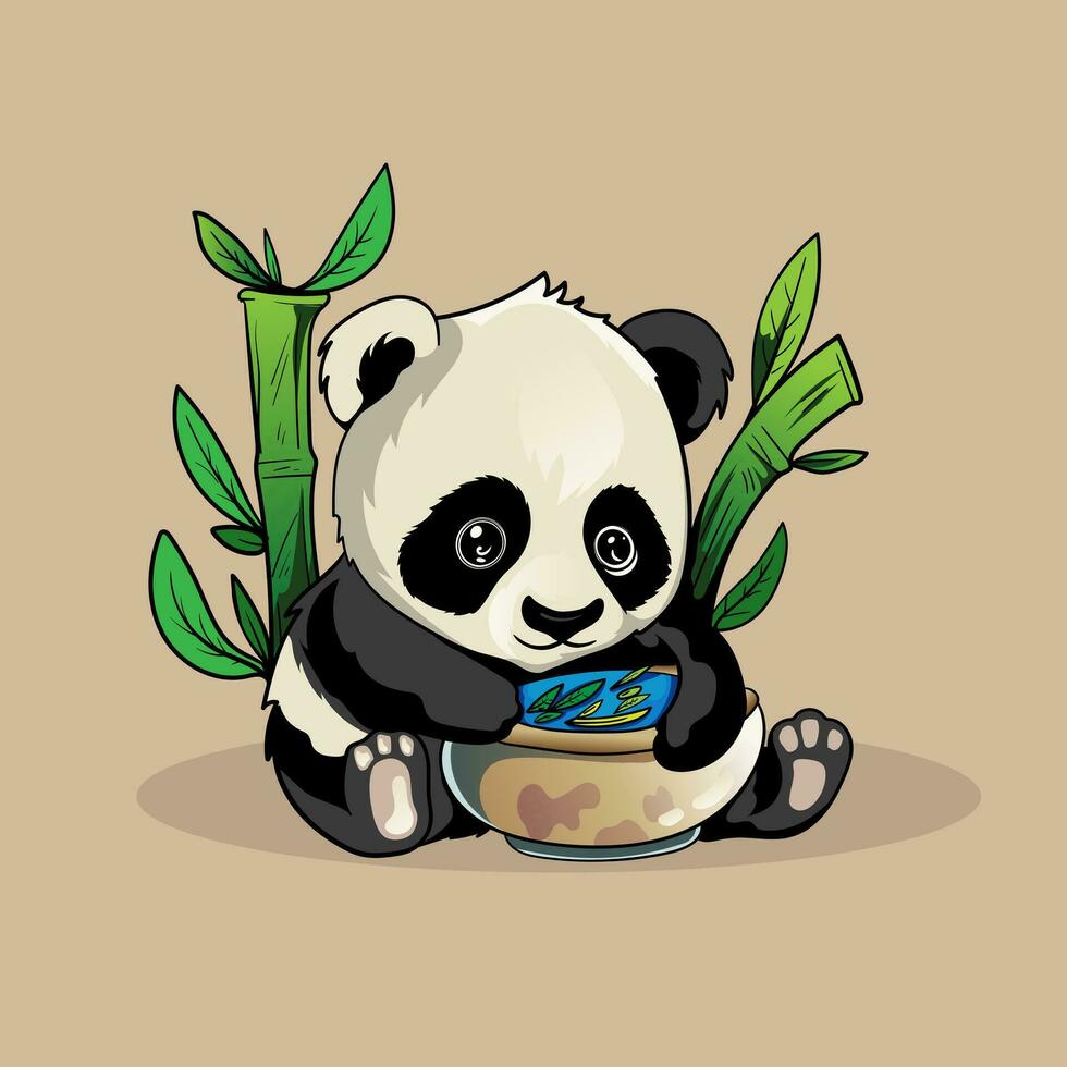 süß Baby Panda Essen Bambus Vektor Symbol Illustration. Panda Maskottchen Karikatur Charakter. Tier Symbol Konzept Weiß isoliert. eben Karikatur Stil geeignet zum Netz Landung Buchseite, Banner, Flyer, Aufkleber, Karte