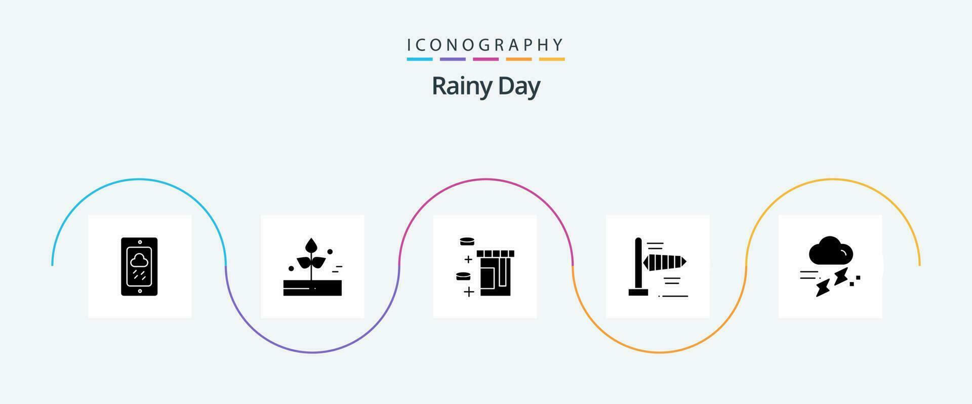 regnerisch Glyphe 5 Symbol Pack einschließlich Regenfall. Wolke. regnerisch. windig. Luft vektor