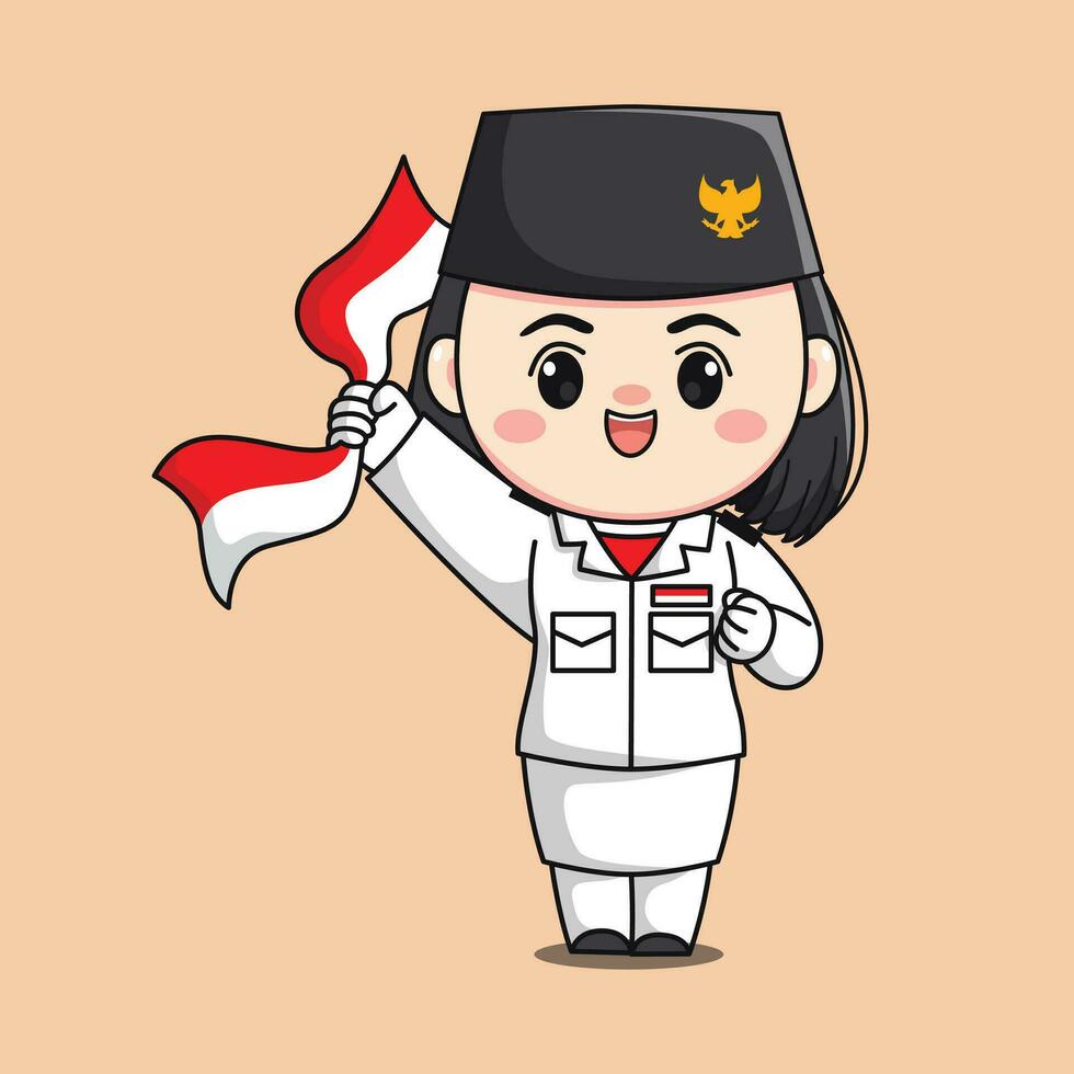 indonesien oberoende dag flagga raiser kvinna karaktär chibi söt platt tecknad serie illustration vektor