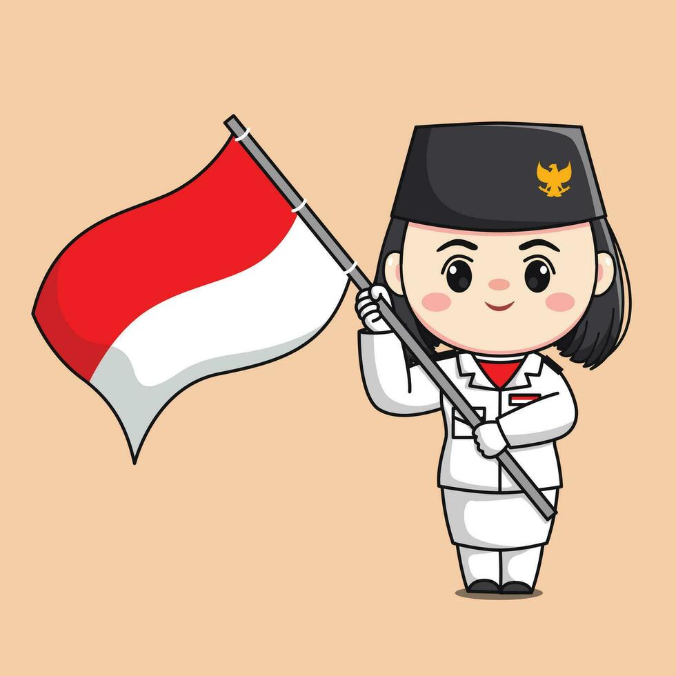 indonesien oberoende dag flagga raiser kvinna karaktär chibi söt platt tecknad serie illustration vektor