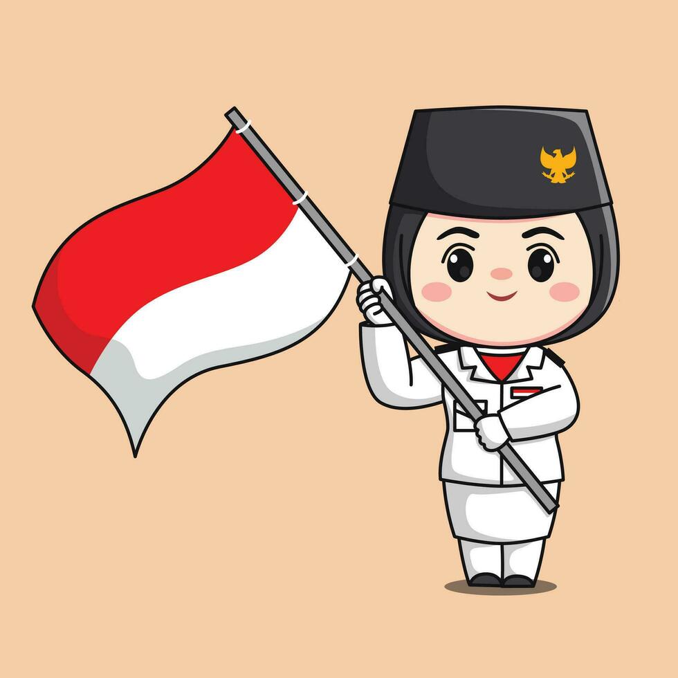 Indonesien Unabhängigkeit Tag Flagge Raiser Hijab weiblich Charakter Chibi kawaii eben Karikatur Illustration vektor