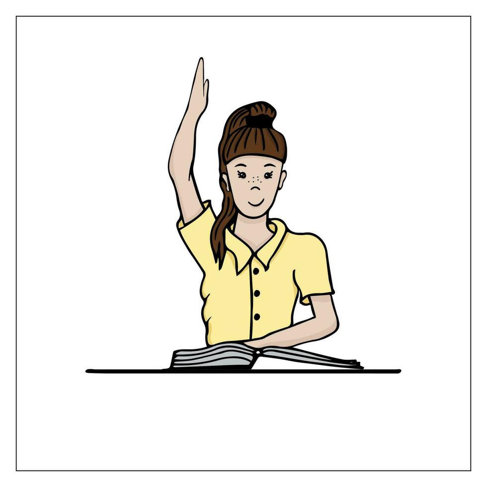 Schülerin erhöht Hand zu antworten. handgemalt Gekritzel von ein Mädchen hinter das Schreibtisch. Vektor, editierbar, isoliert auf Weiß. vektor