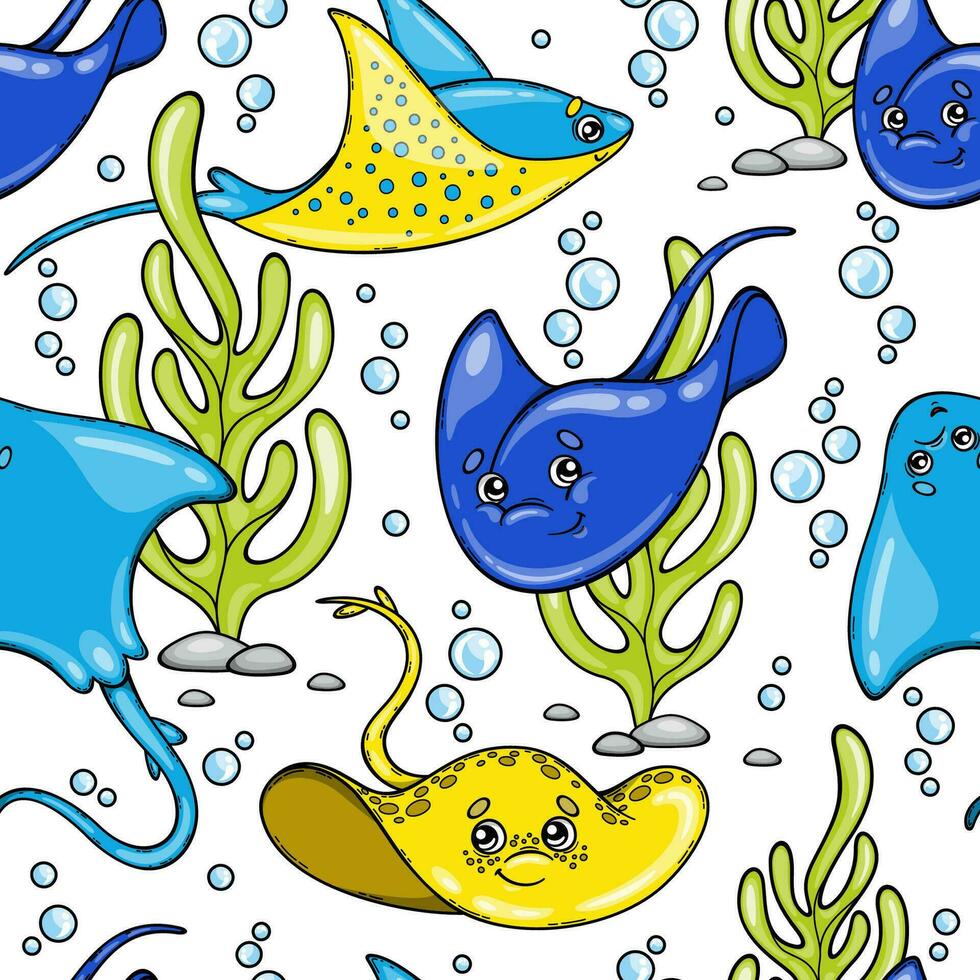 nahtlos Muster mit Karikatur Stachelrochen Schwimmen im das Meer. süß Ozean Tiere. Vektor bunt Illustration auf Meer Thema. perfekt zum Textil, Stoff, Hintergrund, Verpackung Papier und andere.