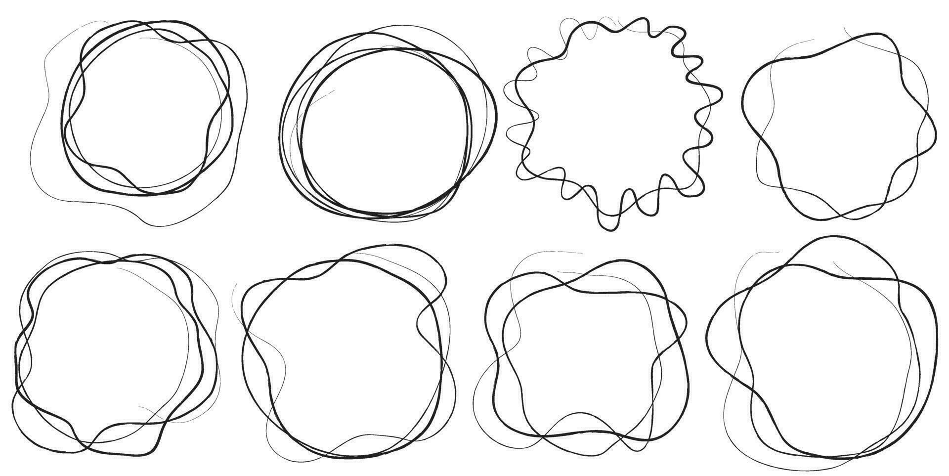 einstellen von Hand gezeichnet Kreis Rahmen. runden gestalten Grenzen. Gekritzel kreisförmig Logo Design Elemente zum Botschaft Hinweis Kennzeichen vektor