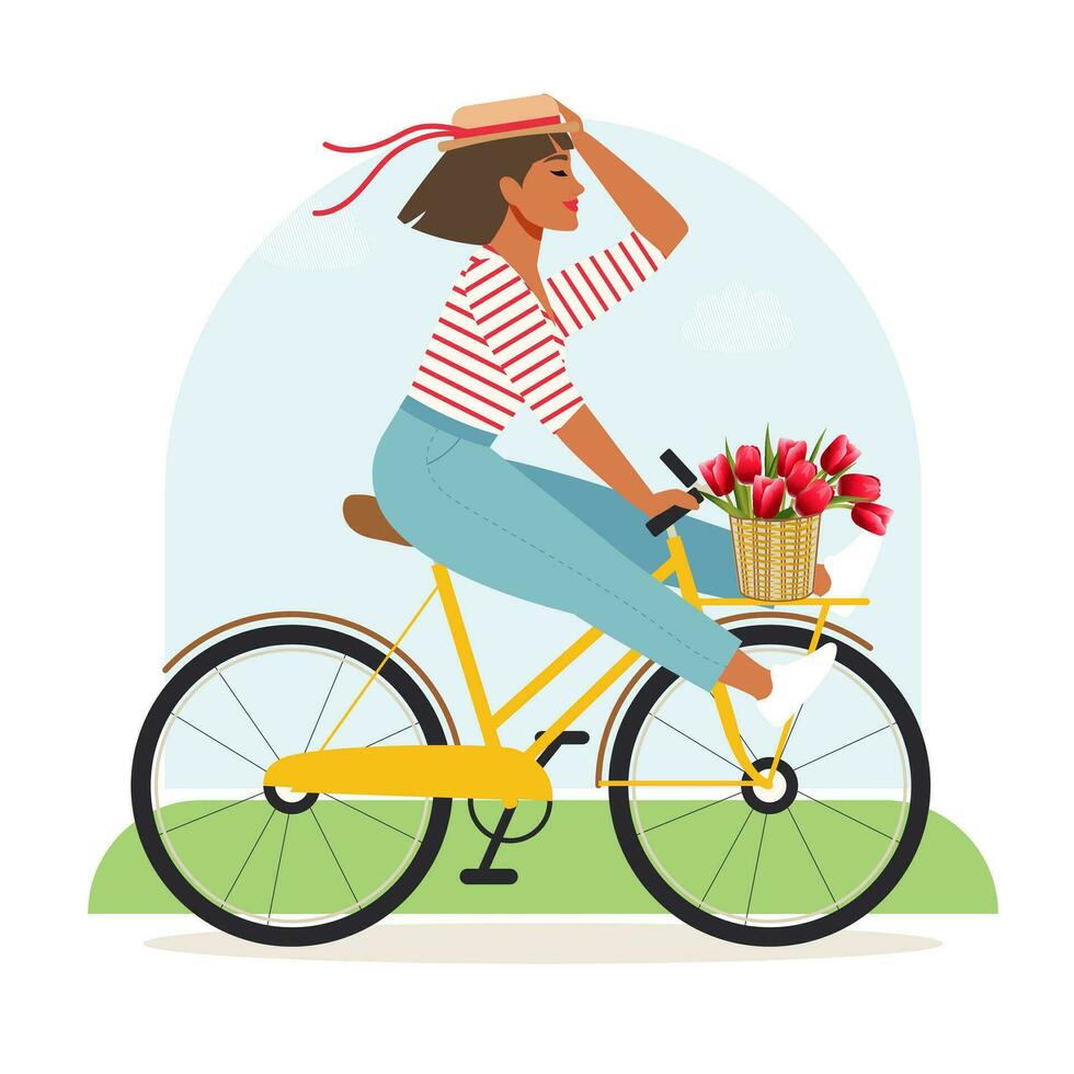 en Lycklig kvinna i en panama hatt med tulpaner i en korg rider en cykel och gläds på de början av vår. en söt flicka är njuter sommar medan förbättra henne fysisk och mental hälsa. vektor. vektor