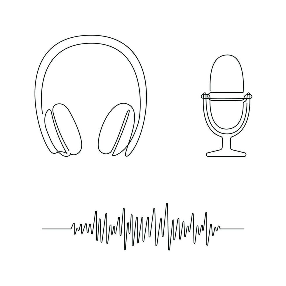 Podcast einstellen gezeichnet im einer kontinuierlich Linie. einer Linie Zeichnung, Minimalismus. Vektor Illustration.