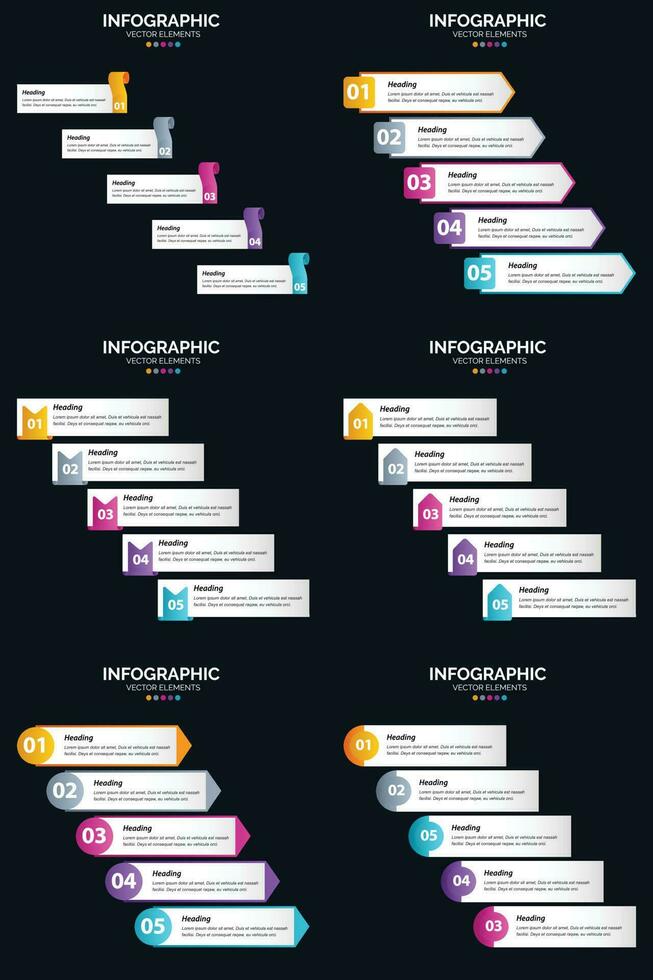 Vektor 6 Infografiken Pack Präsentationsfolie Vorlage 5 Schritte Zyklusdiagramme und Zeitleisten