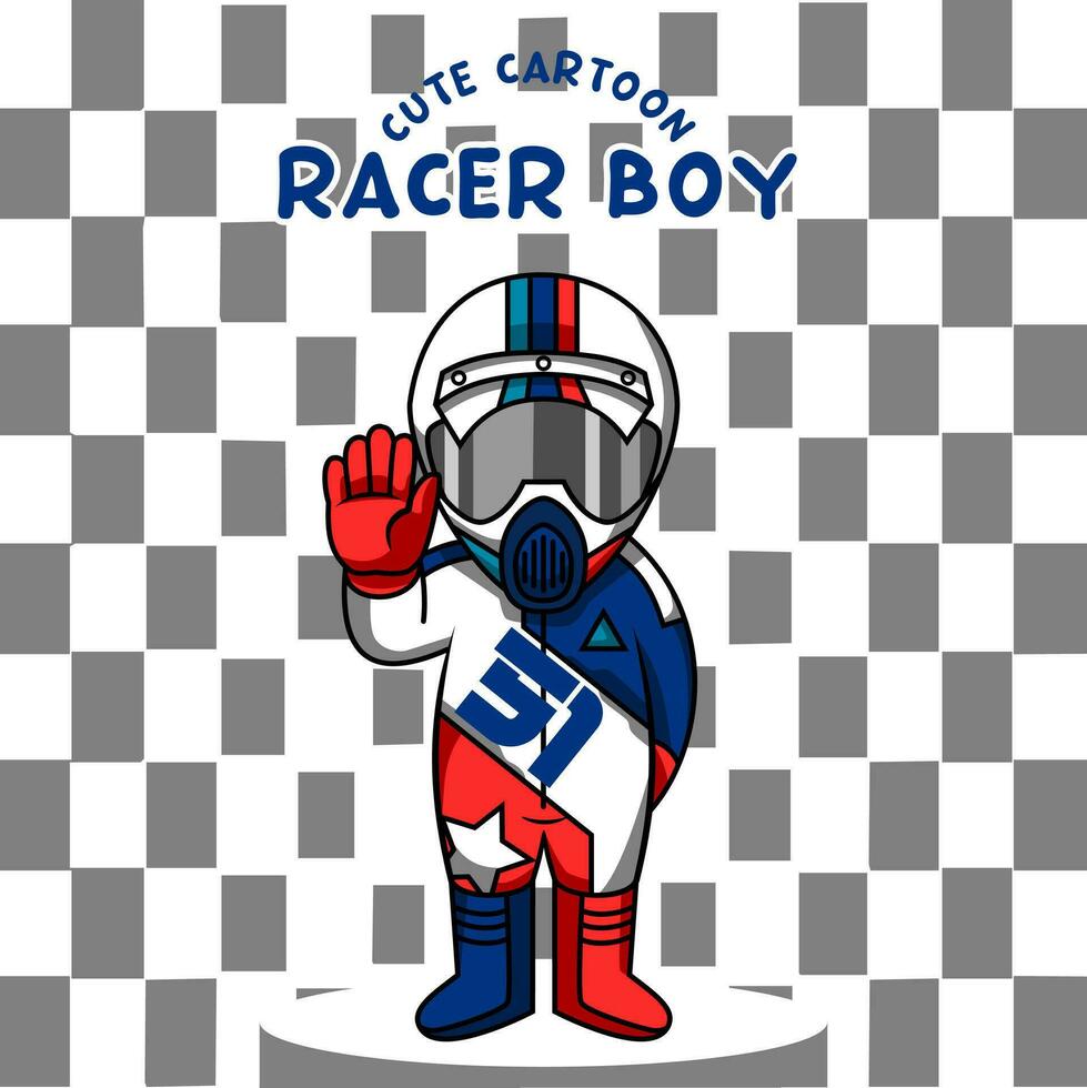 söt tecknad serie racer pojke bär hjälm och tävlings kostym vektor
