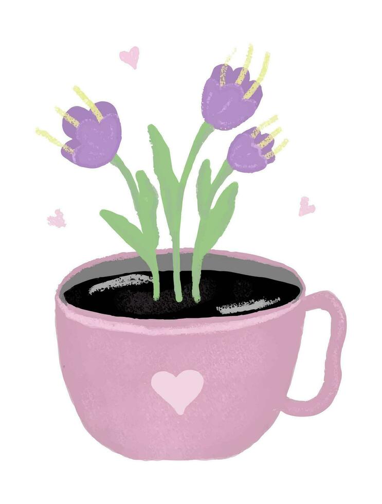 süß Tasse von Kaffee mit magisch Blumen, bunt Illustration vektor