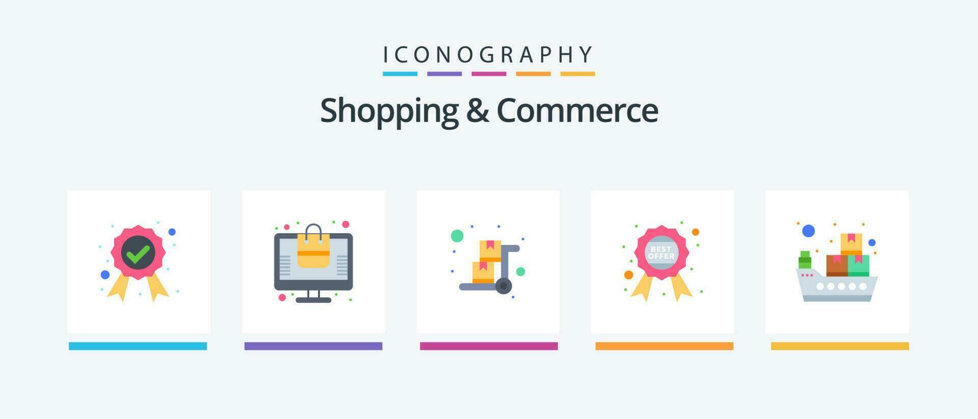handla och handel platt 5 ikon packa Inklusive erbjudande. garanterat märka. vagn. bricka. kärra. kreativ ikoner design vektor