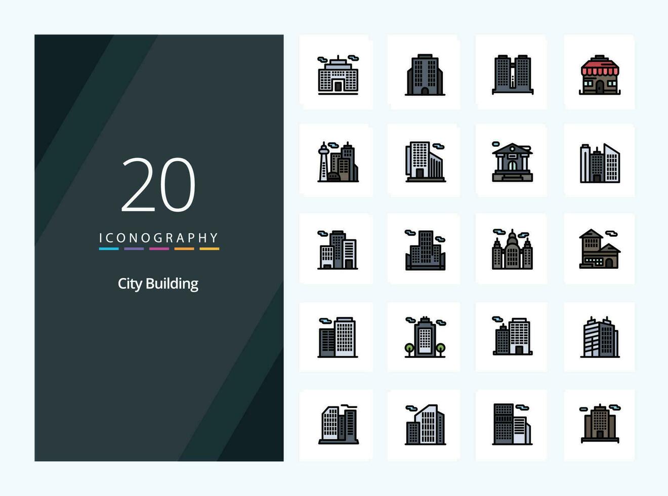 20 stad byggnad linje fylld ikon för presentation vektor