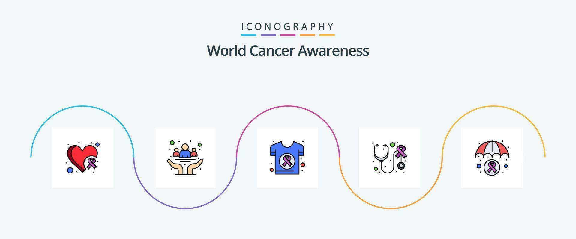 värld cancer medvetenhet linje fylld platt 5 ikon packa Inklusive vård. stetoskop. hälsa. hälsa. hälsa vektor