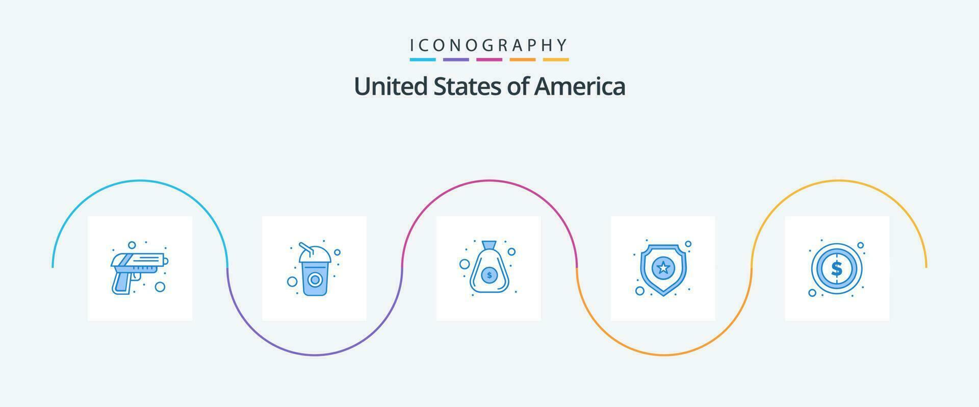 USA blå 5 ikon packa Inklusive pengar. tecken. dollar. stjärna. skydda vektor