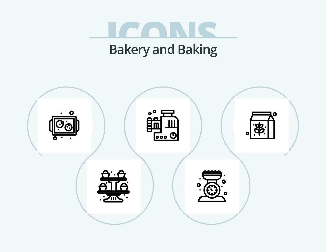 bakning linje ikon packa 5 ikon design. efterrätt. Kafé. mätning. tomte. bröd rullande stift vektor