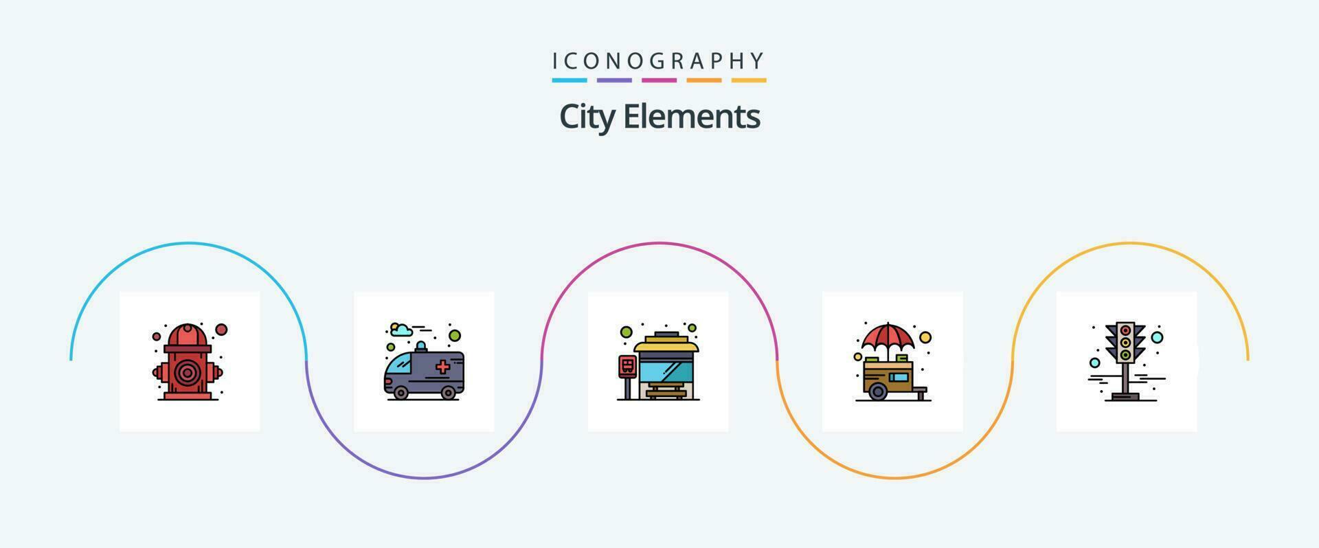 Stadt Elemente Linie gefüllt eben 5 Symbol Pack einschließlich Signal. Straße. Bus. Stand. Essen vektor