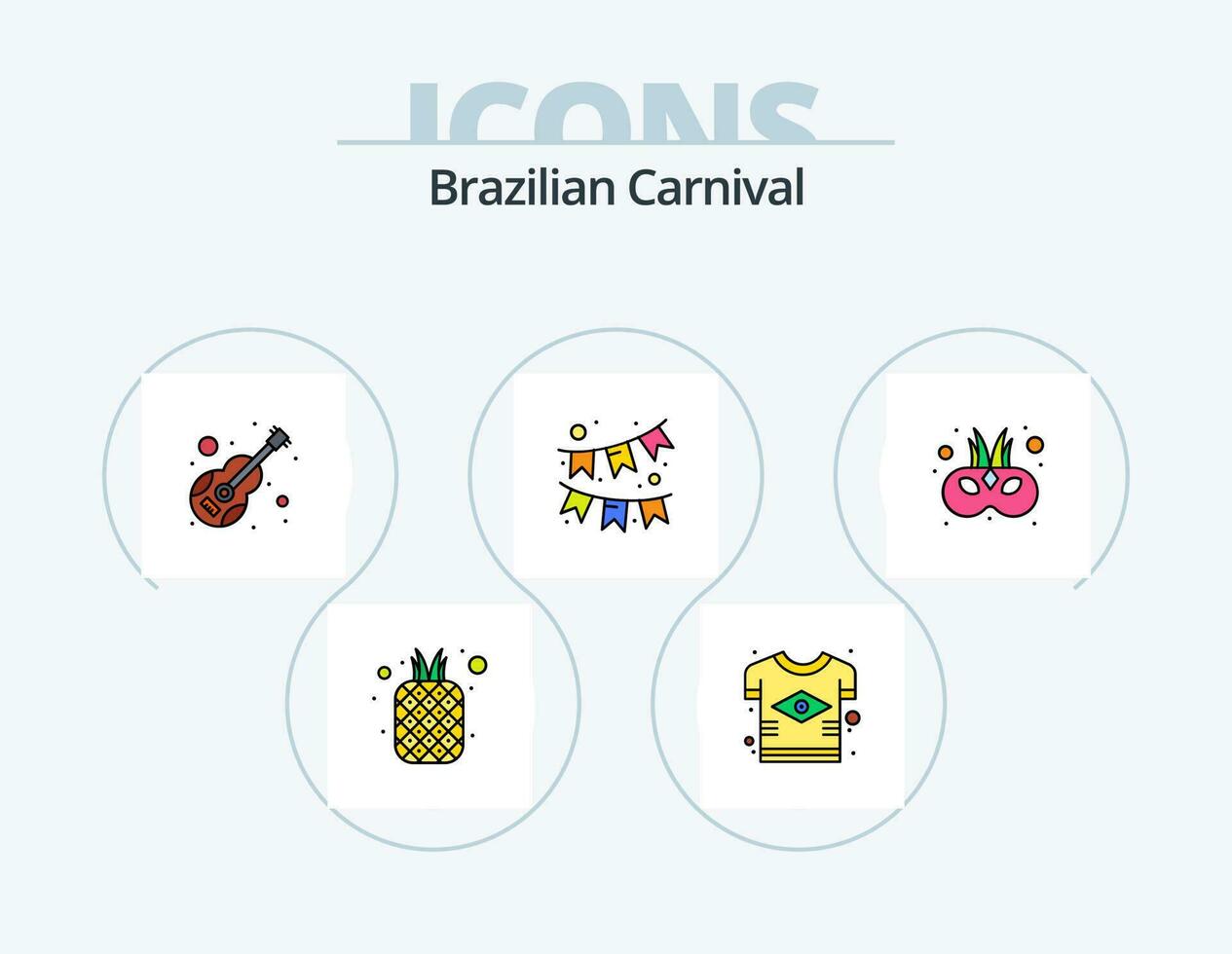 Brasilianer Karneval Linie gefüllt Symbol Pack 5 Symbol Design. Luftballons. maracas. Ananas. Instrument. Musical vektor