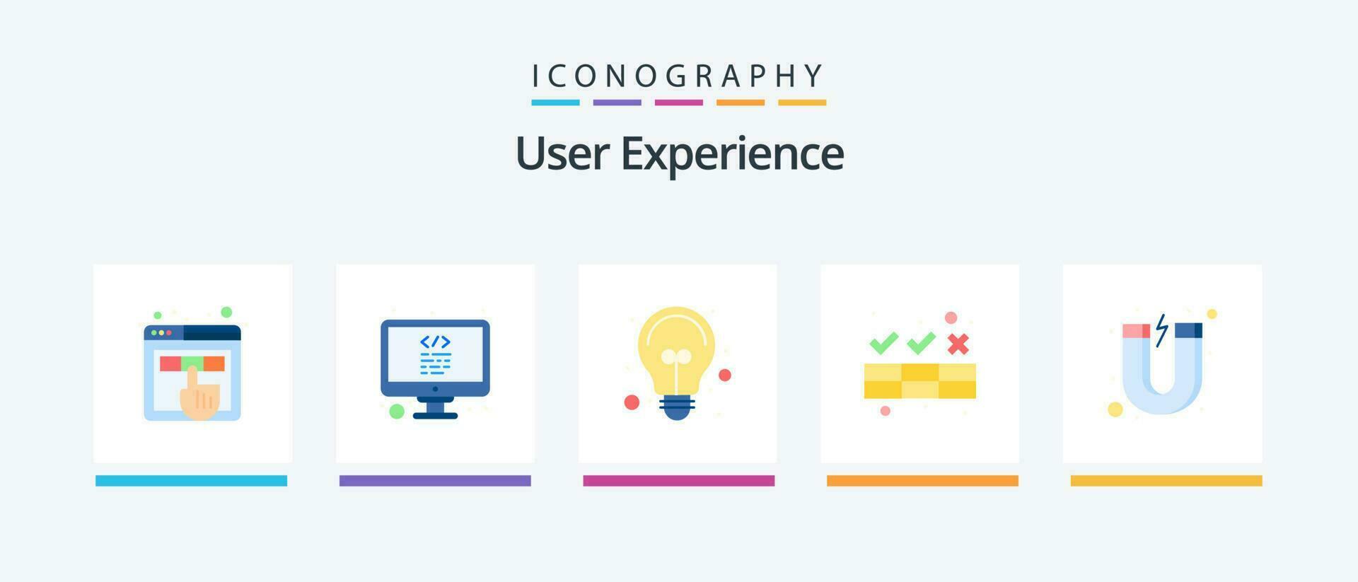 användare erfarenhet platt 5 ikon packa Inklusive locka till sig. data. skärm. rengöring. rena. kreativ ikoner design vektor