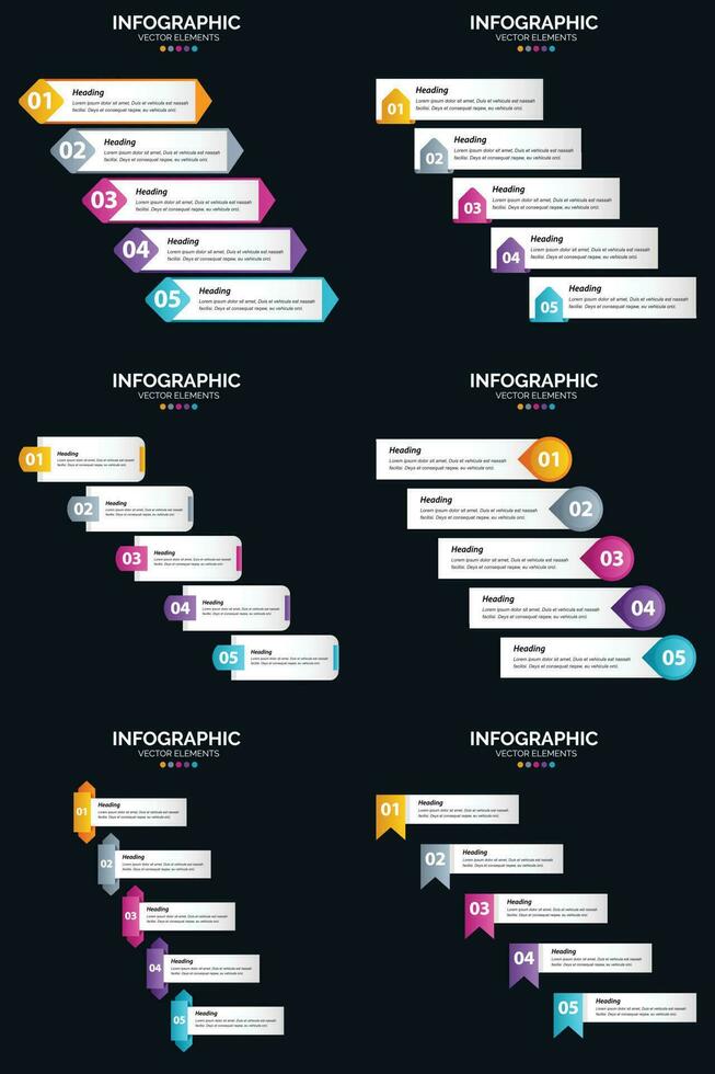 Vektor 6 Infografiken Pack Präsentationsfolie Vorlage 5 Schritte Zyklusdiagramme und Zeitleisten