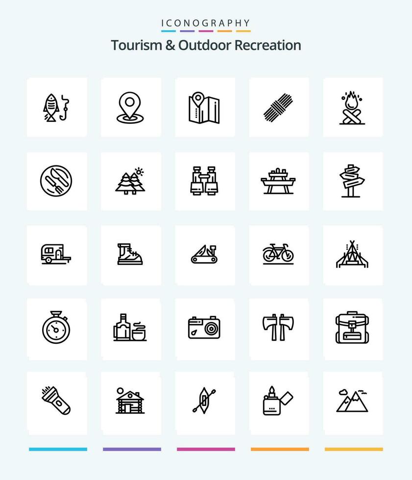 kreativ turism och utomhus- rekreation 25 översikt ikon packa sådan som sked. lunch. rep. brand. lägereld vektor