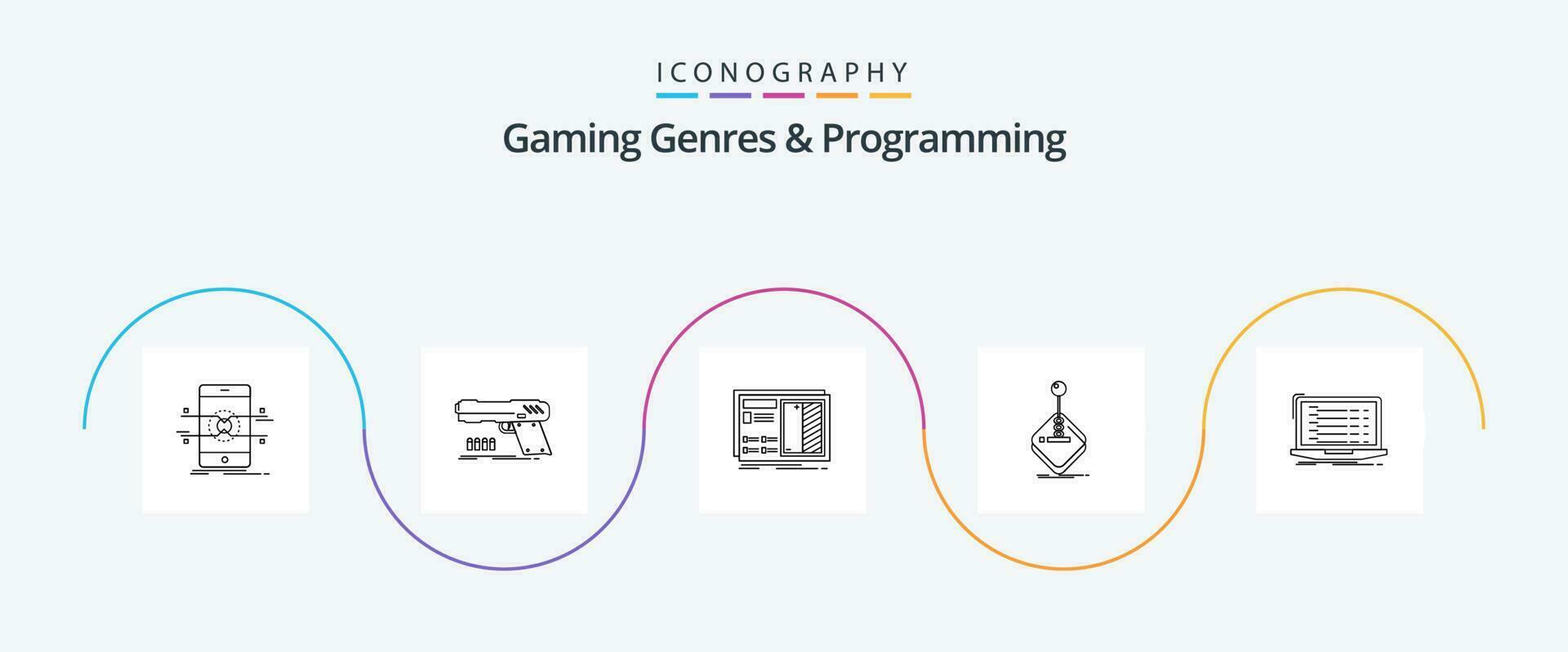 gaming genrer och programmering linje 5 ikon packa Inklusive spelande. arkad. skytt. prototyp. teckning vektor