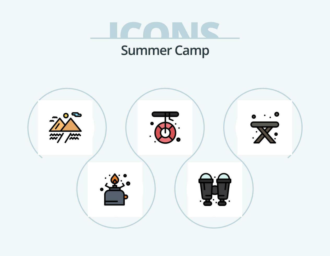 Sommer- Lager Linie gefüllt Symbol Pack 5 Symbol Design. . Camping. kochen. Wohnmobil. Wolke vektor
