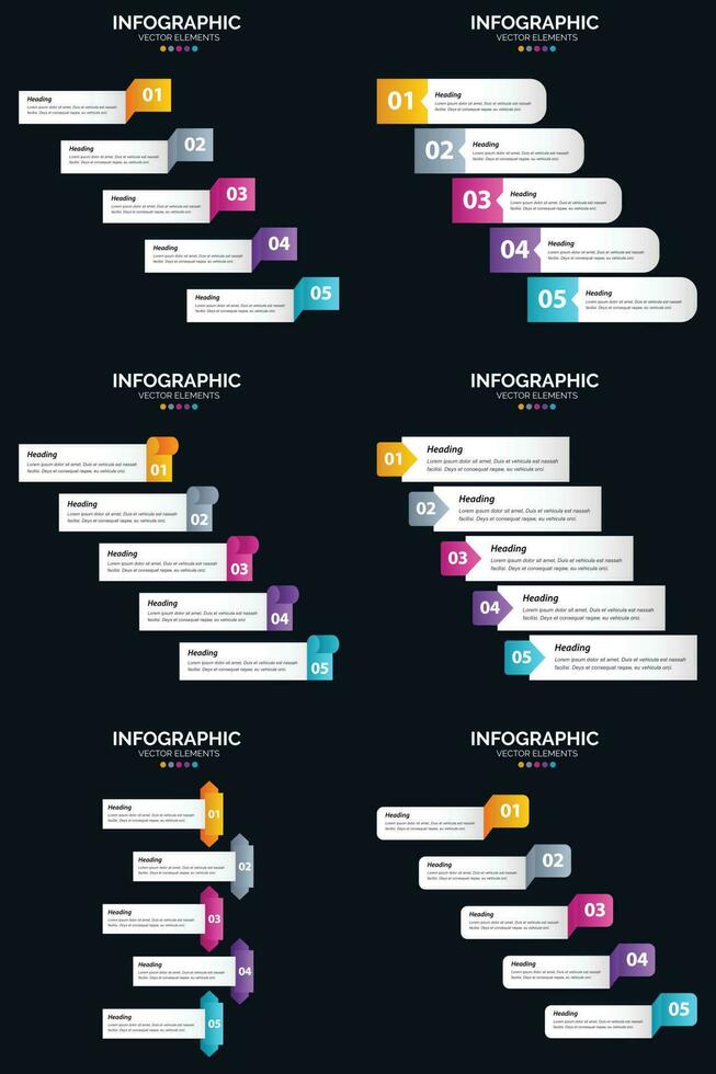 Vektor 6 Infografiken Pack Präsentationsfolie Vorlage 5 Schritte Zyklusdiagramme und Zeitleisten