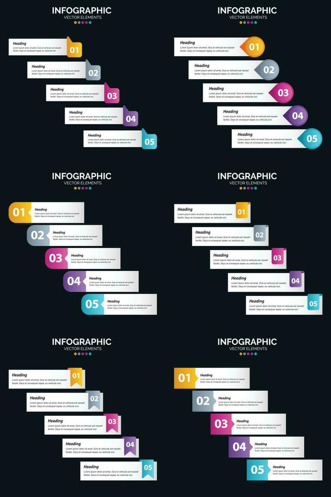 Vektor 6 Infografiken Pack Präsentationsfolie Vorlage 5 Schritte Zyklusdiagramme und Zeitleisten