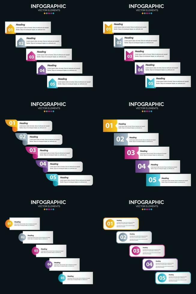 Vektor 6 Infografiken Pack Präsentationsfolie Vorlage 5 Schritte Zyklusdiagramme und Zeitleisten