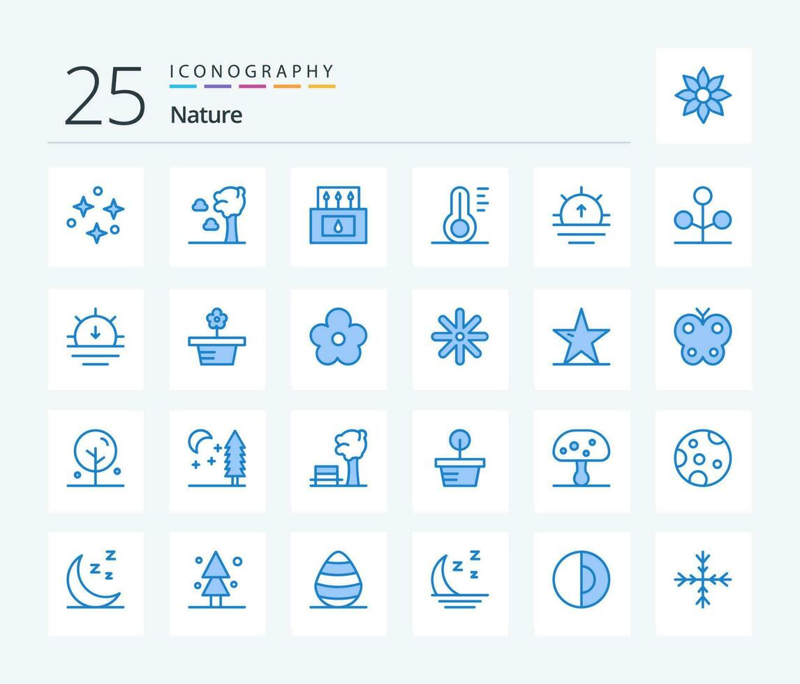 natur 25 blå Färg ikon packa Inklusive soluppgång. natur. läger. väder. temperatur vektor