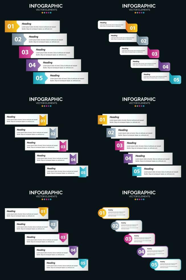 Vektor 6 Infografiken Pack Präsentationsfolie Vorlage 5 Schritte Zyklusdiagramme und Zeitleisten