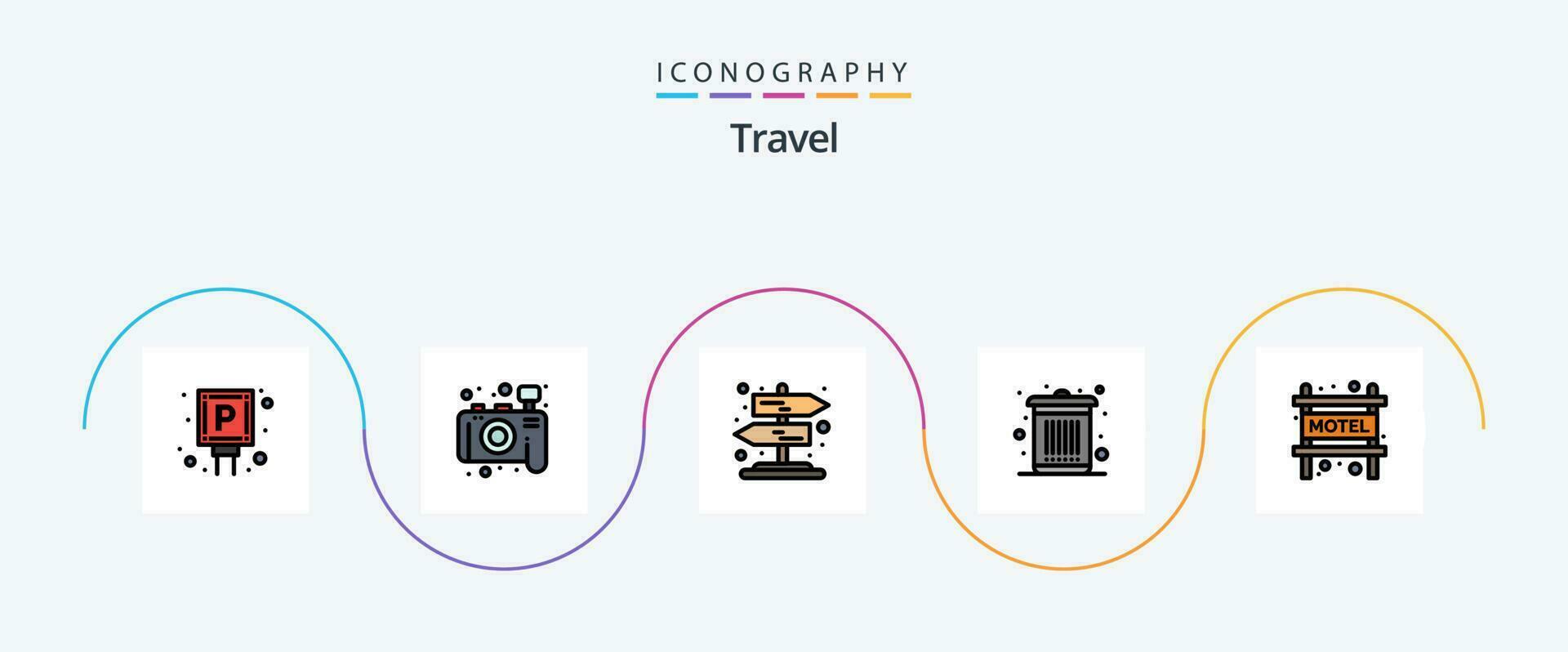 resa linje fylld platt 5 ikon packa Inklusive . motell. lantlig. boende. sopor vektor