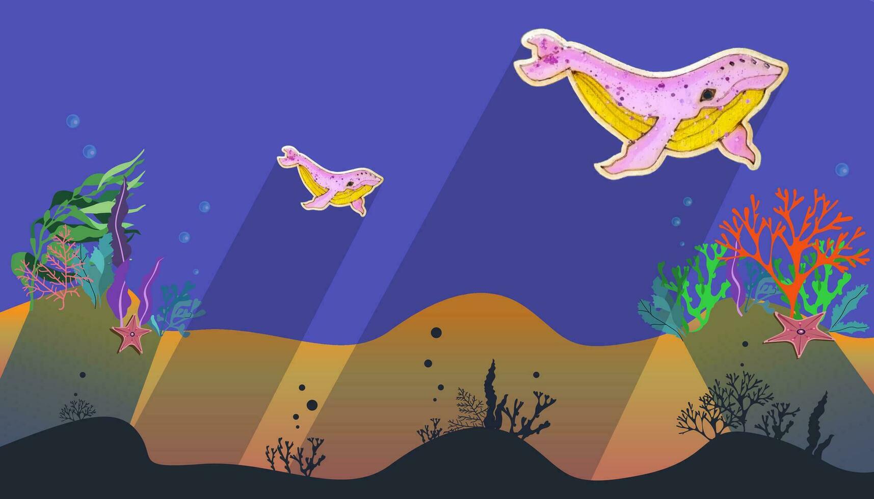 under vattnet värld, söt rosa valar, skugga i de vatten från de Sol. sommar hav dag affisch vektor