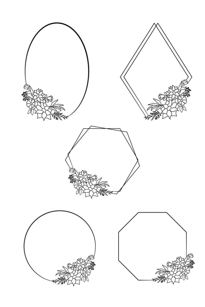 runda ram med blommor, oval, romb, hexagonal ramar. hand målad ramar med blommor och löv. för bröllop dekor, inbjudningar och kort, logotyp design och affisch mallar vektor