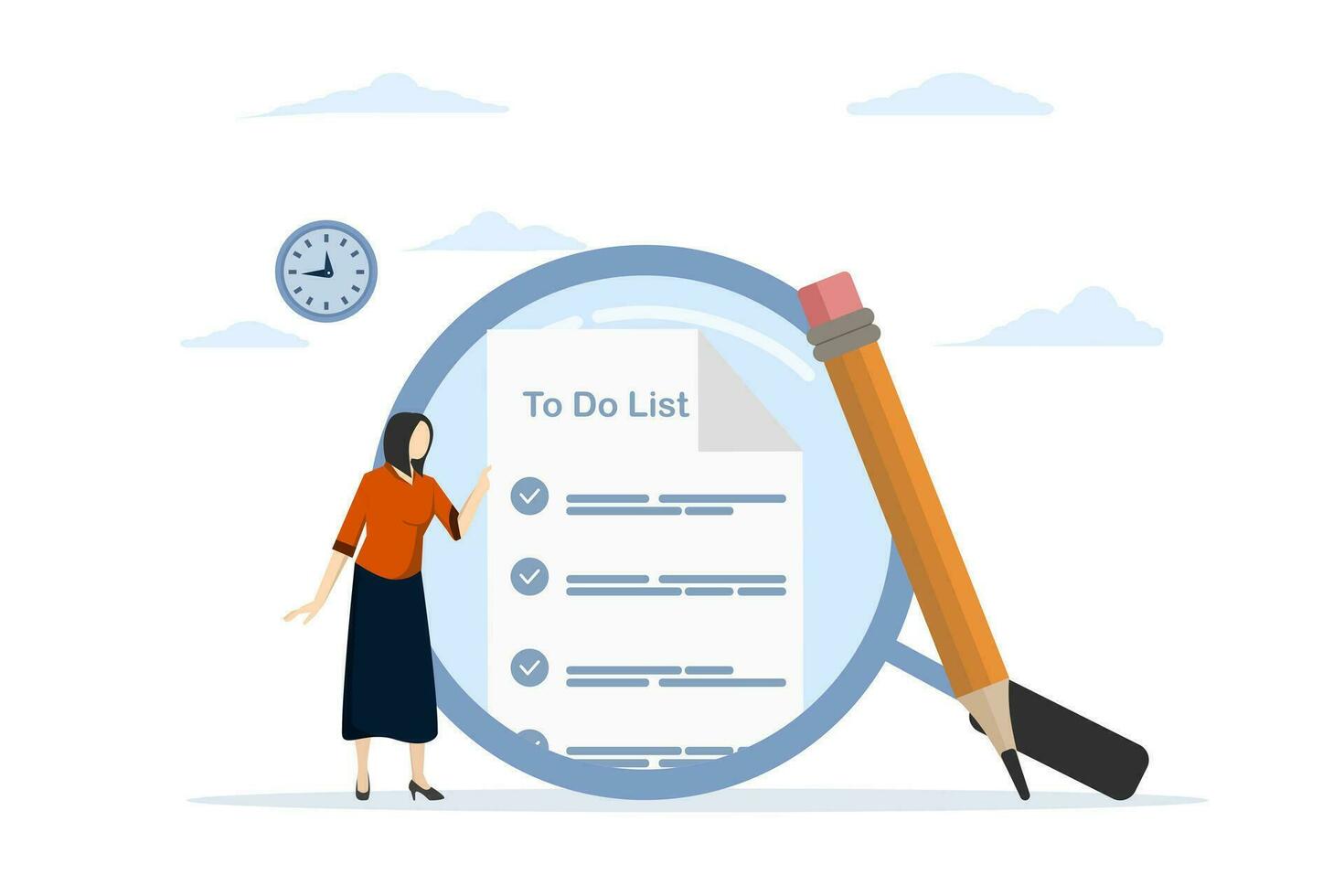 att göra lista begrepp. checklista för jobb komplettering. kolla upp Viktig planer eller dokument. affärsman stående med penna och förstorande glas efter slutföra Allt till do lista. platt vektor illustration.